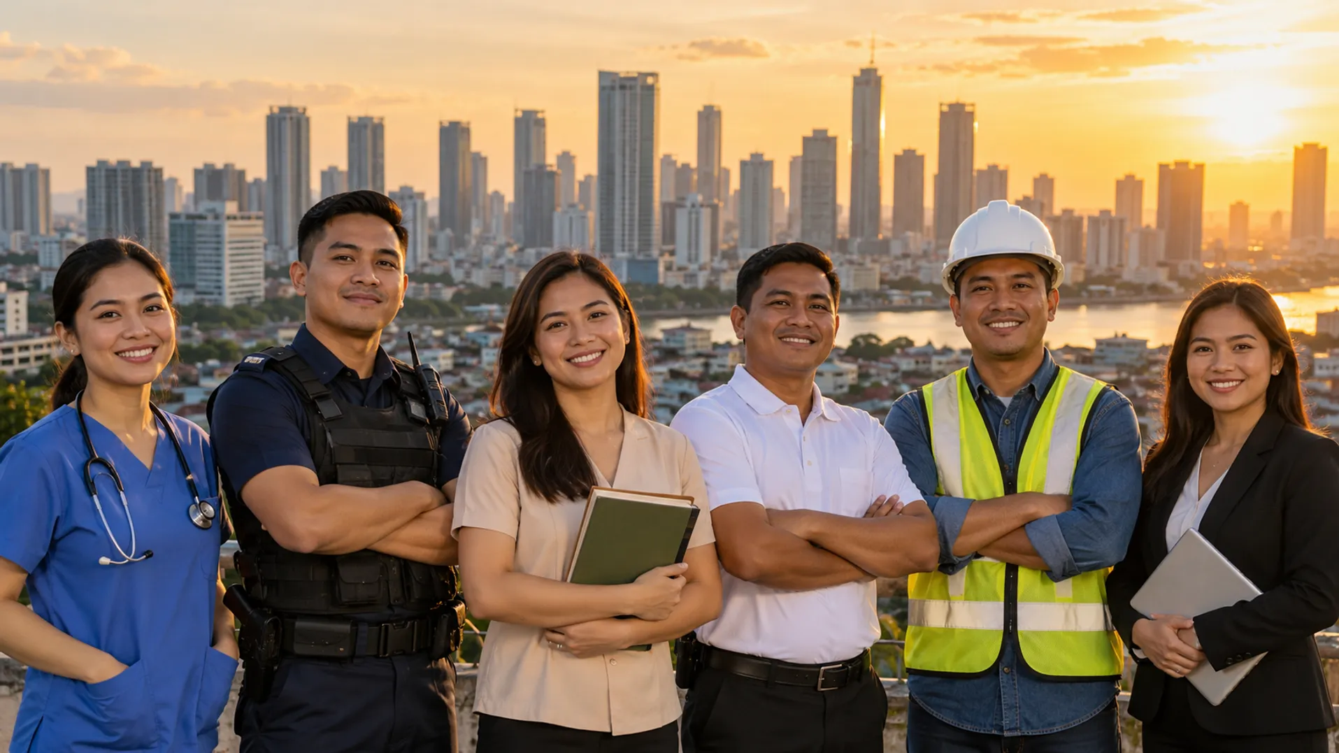 Filipino nurse, police officer, teacher, driver and other professionals standing together in front of a Manila skyline at golden hour